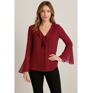 White House Black Market Women's Ruffle V-Neck Blouse Size 0 Wine Long Sleeves